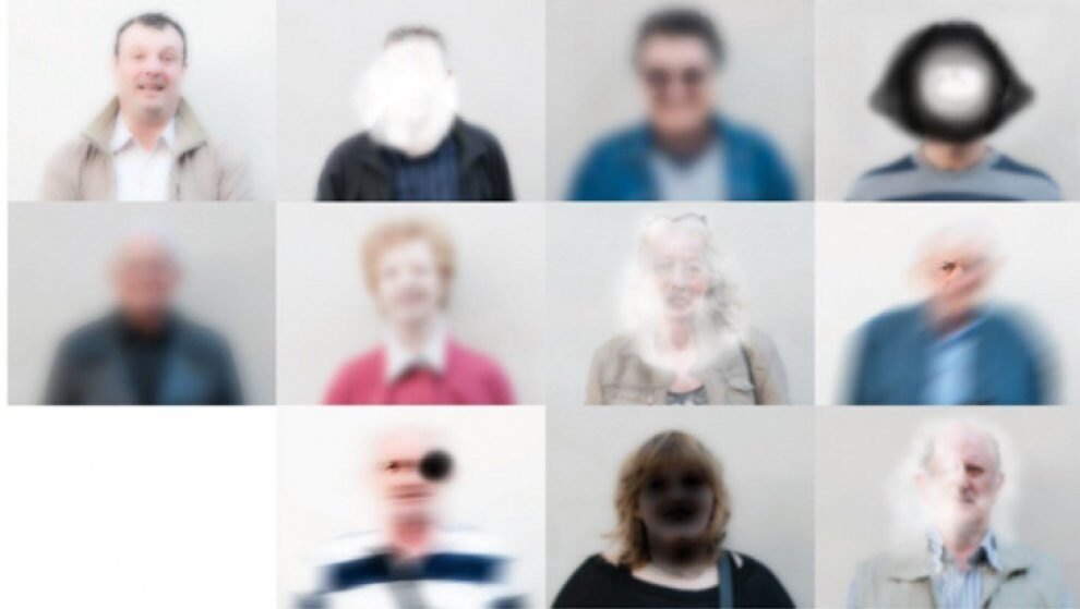 Grid of portraits simulating different types of visual impairment