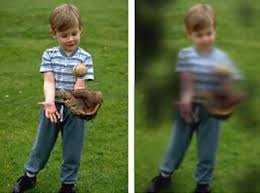 A child photographed with normal vision and with blurred vision
