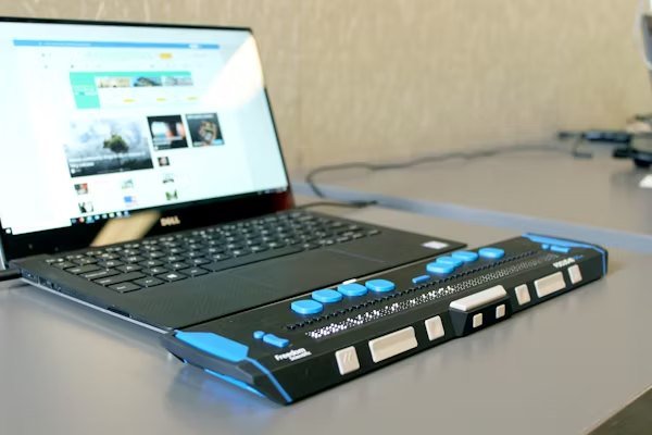 Refreshable Braille display connected to a laptop